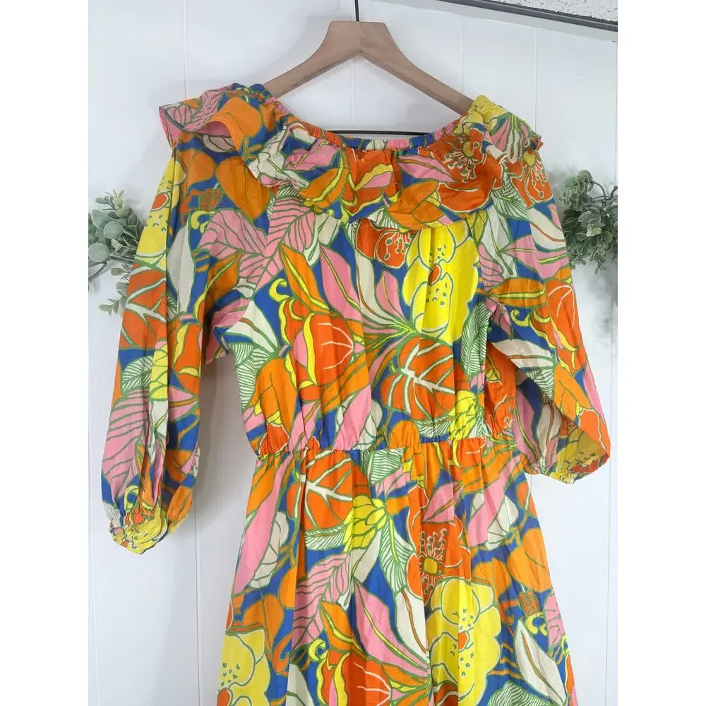 J. Crew Tropical Floral Midi Dress Small Ruffle Off Shoulder Summer Vacation